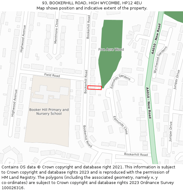 93, BOOKERHILL ROAD, HIGH WYCOMBE, HP12 4EU: Location map and indicative extent of plot