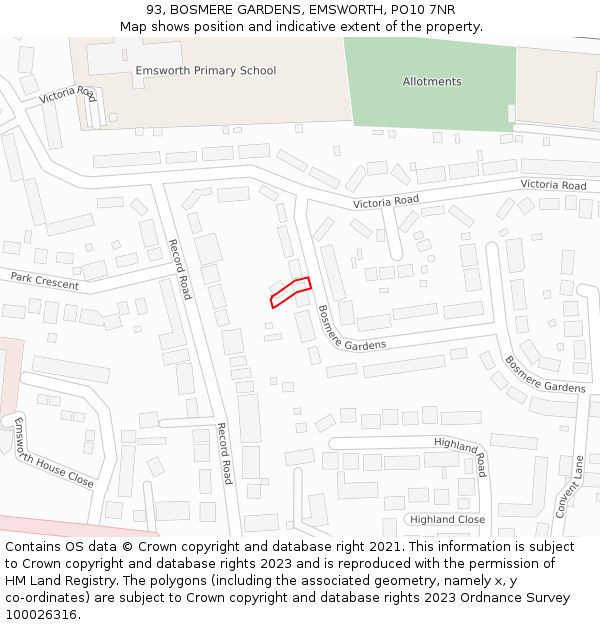 93, BOSMERE GARDENS, EMSWORTH, PO10 7NR: Location map and indicative extent of plot