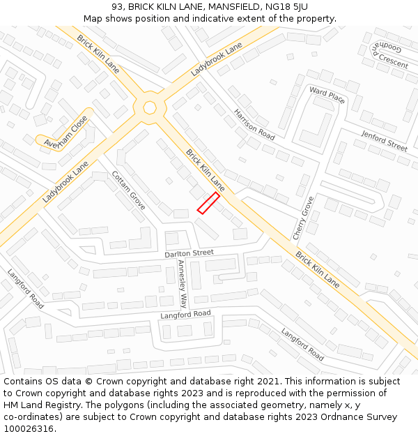 93, BRICK KILN LANE, MANSFIELD, NG18 5JU: Location map and indicative extent of plot