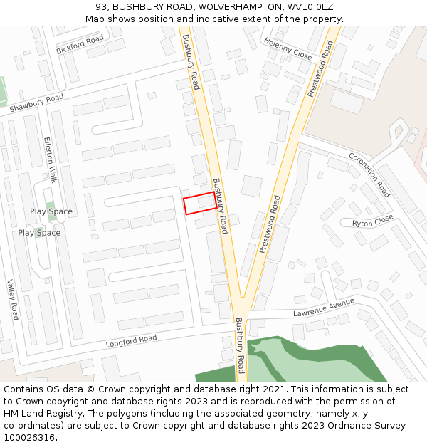 93, BUSHBURY ROAD, WOLVERHAMPTON, WV10 0LZ: Location map and indicative extent of plot