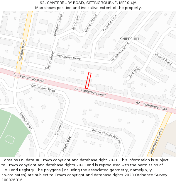 93, CANTERBURY ROAD, SITTINGBOURNE, ME10 4JA: Location map and indicative extent of plot