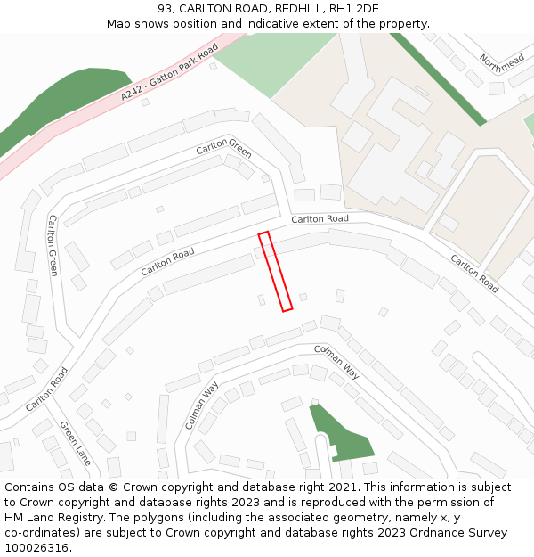 93, CARLTON ROAD, REDHILL, RH1 2DE: Location map and indicative extent of plot