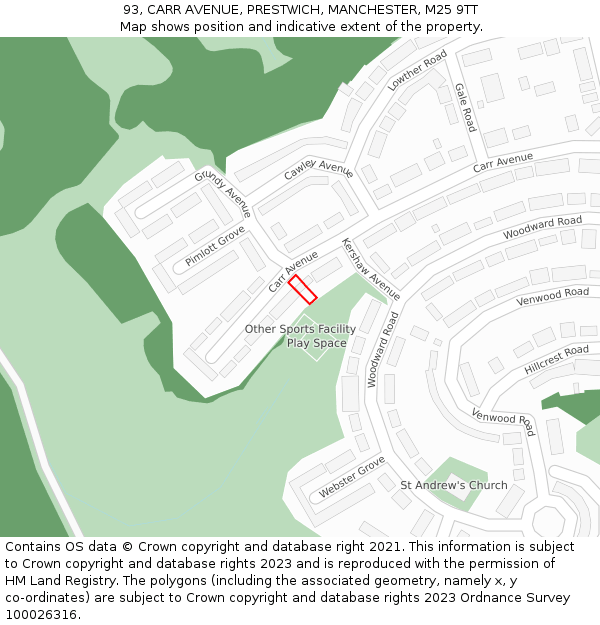 93, CARR AVENUE, PRESTWICH, MANCHESTER, M25 9TT: Location map and indicative extent of plot