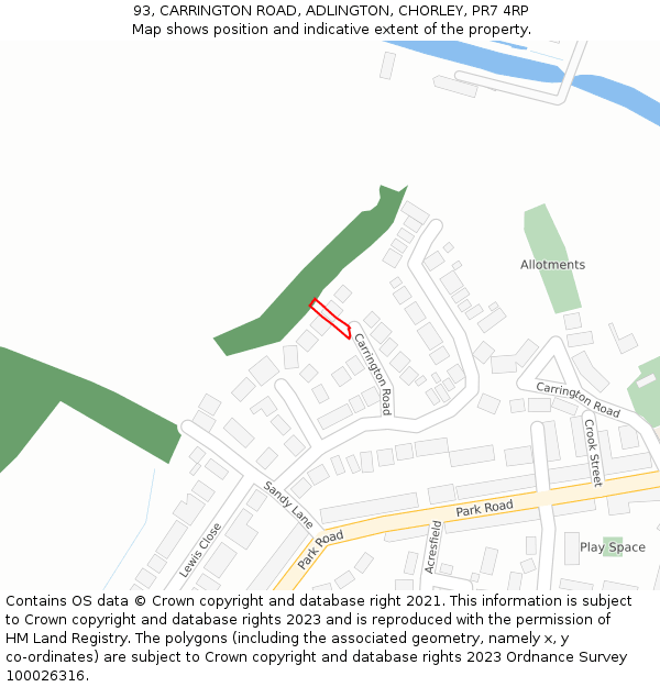 93, CARRINGTON ROAD, ADLINGTON, CHORLEY, PR7 4RP: Location map and indicative extent of plot