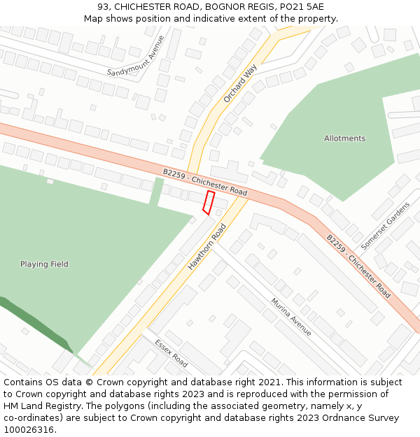 93, CHICHESTER ROAD, BOGNOR REGIS, PO21 5AE: Location map and indicative extent of plot