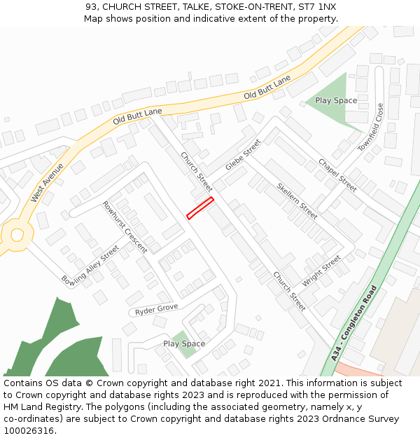 93, CHURCH STREET, TALKE, STOKE-ON-TRENT, ST7 1NX: Location map and indicative extent of plot