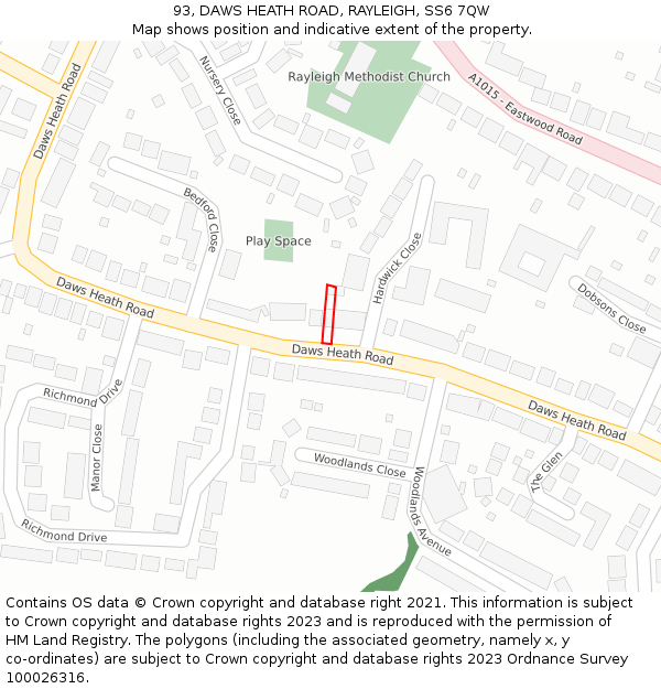 93, DAWS HEATH ROAD, RAYLEIGH, SS6 7QW: Location map and indicative extent of plot