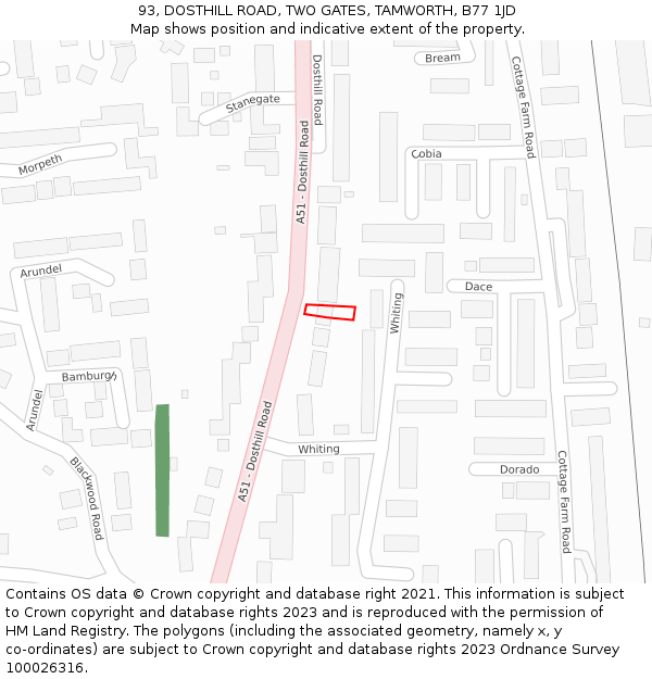 93, DOSTHILL ROAD, TWO GATES, TAMWORTH, B77 1JD: Location map and indicative extent of plot