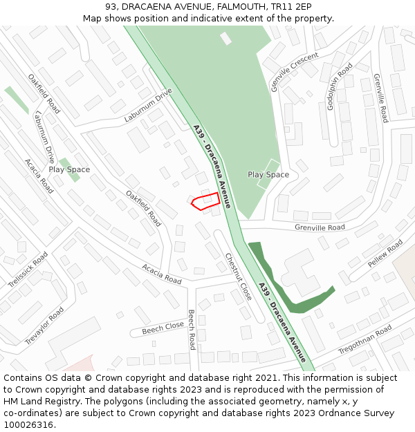 93, DRACAENA AVENUE, FALMOUTH, TR11 2EP: Location map and indicative extent of plot