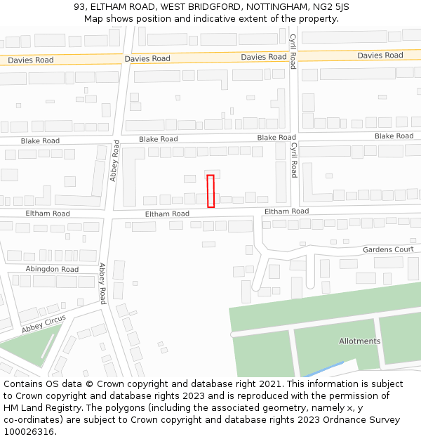 93, ELTHAM ROAD, WEST BRIDGFORD, NOTTINGHAM, NG2 5JS: Location map and indicative extent of plot