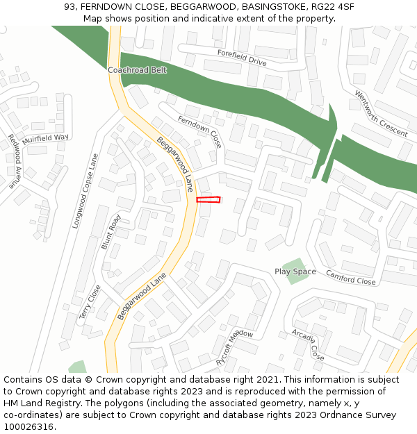 93, FERNDOWN CLOSE, BEGGARWOOD, BASINGSTOKE, RG22 4SF: Location map and indicative extent of plot