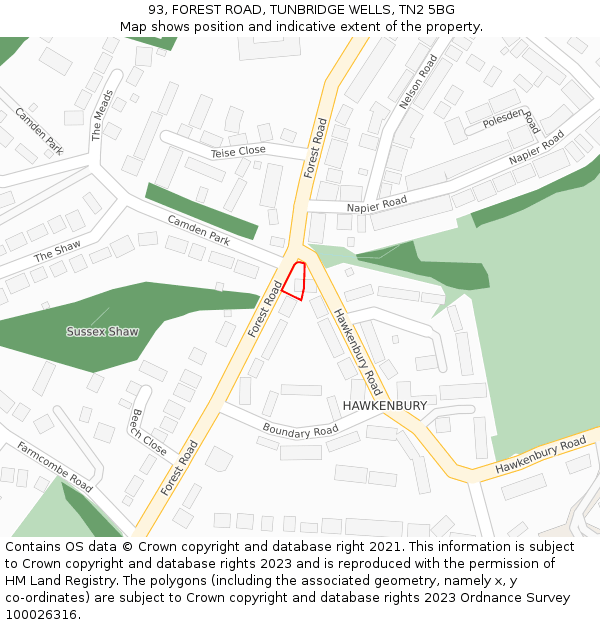 93, FOREST ROAD, TUNBRIDGE WELLS, TN2 5BG: Location map and indicative extent of plot