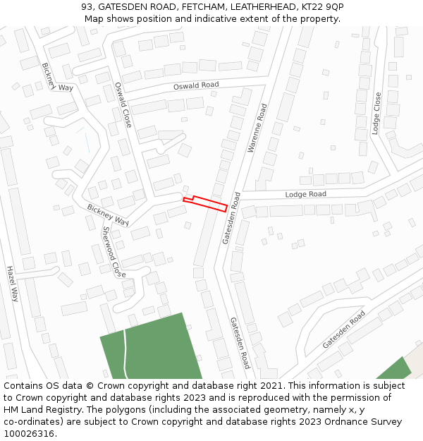 93, GATESDEN ROAD, FETCHAM, LEATHERHEAD, KT22 9QP: Location map and indicative extent of plot