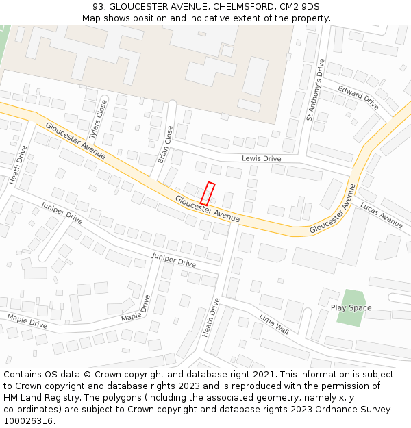 93, GLOUCESTER AVENUE, CHELMSFORD, CM2 9DS: Location map and indicative extent of plot