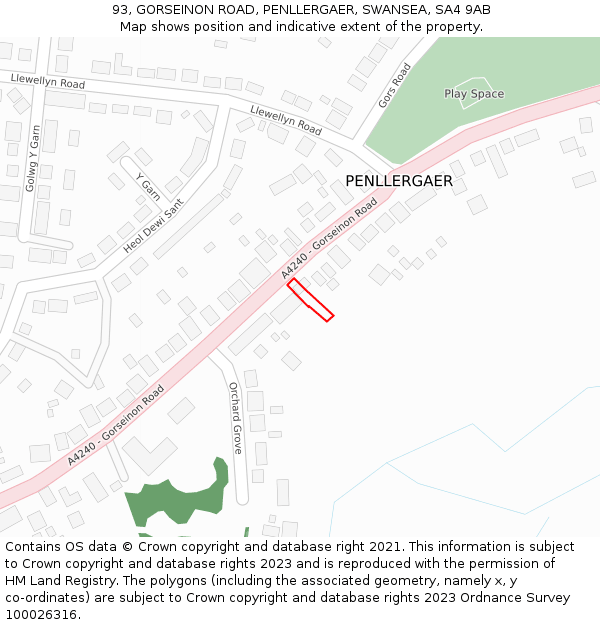 93, GORSEINON ROAD, PENLLERGAER, SWANSEA, SA4 9AB: Location map and indicative extent of plot