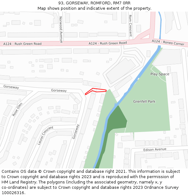 93, GORSEWAY, ROMFORD, RM7 0RR: Location map and indicative extent of plot