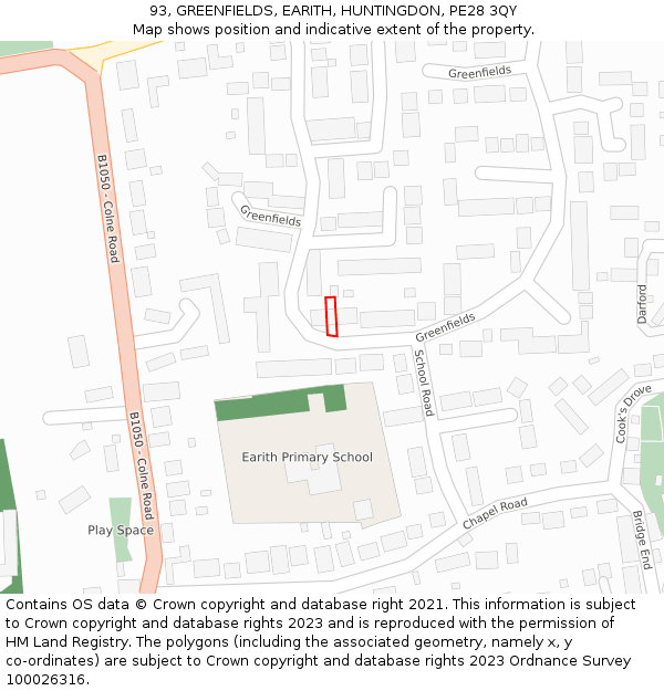 93, GREENFIELDS, EARITH, HUNTINGDON, PE28 3QY: Location map and indicative extent of plot