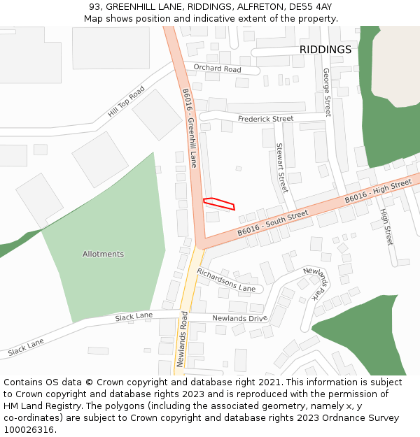 93, GREENHILL LANE, RIDDINGS, ALFRETON, DE55 4AY: Location map and indicative extent of plot