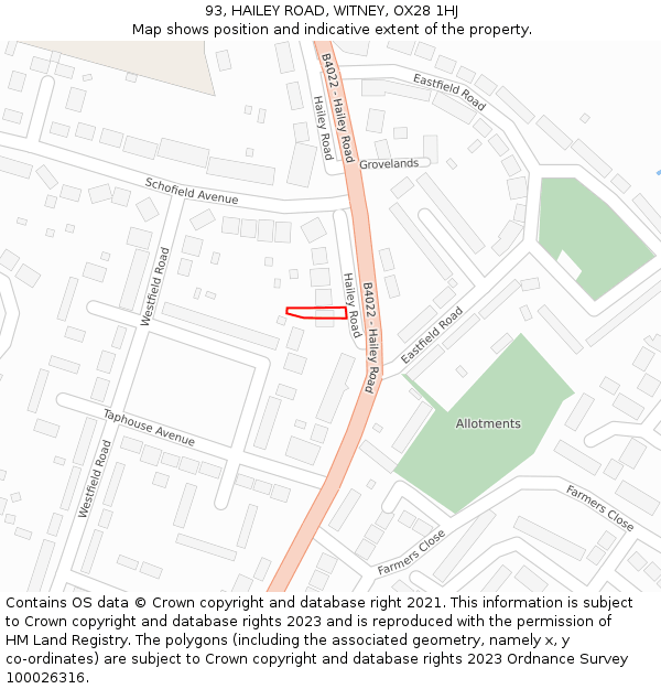 93, HAILEY ROAD, WITNEY, OX28 1HJ: Location map and indicative extent of plot