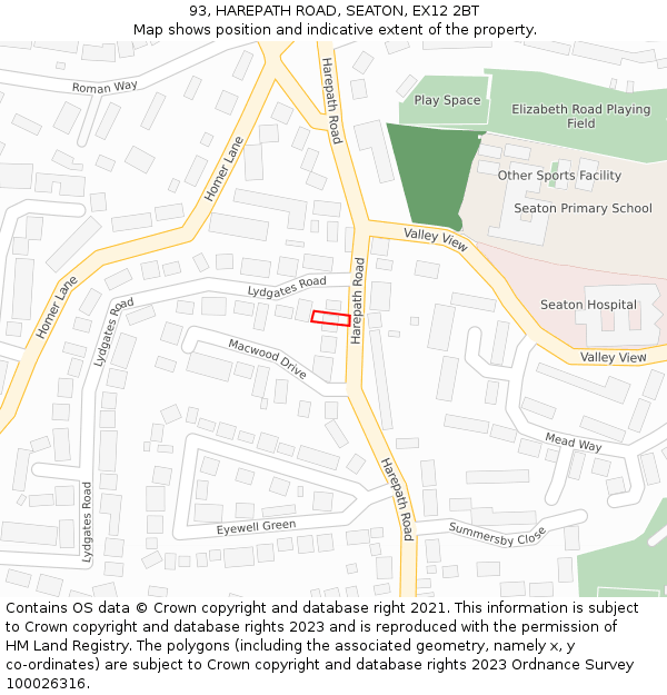 93, HAREPATH ROAD, SEATON, EX12 2BT: Location map and indicative extent of plot