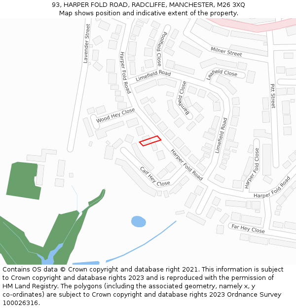 93, HARPER FOLD ROAD, RADCLIFFE, MANCHESTER, M26 3XQ: Location map and indicative extent of plot