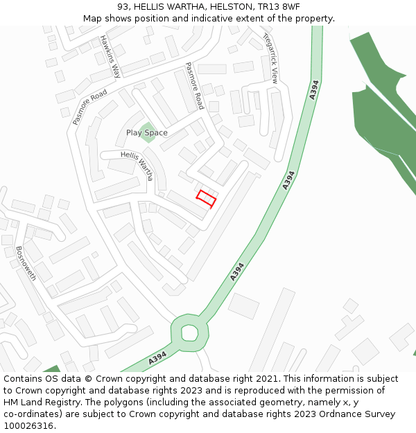 93, HELLIS WARTHA, HELSTON, TR13 8WF: Location map and indicative extent of plot