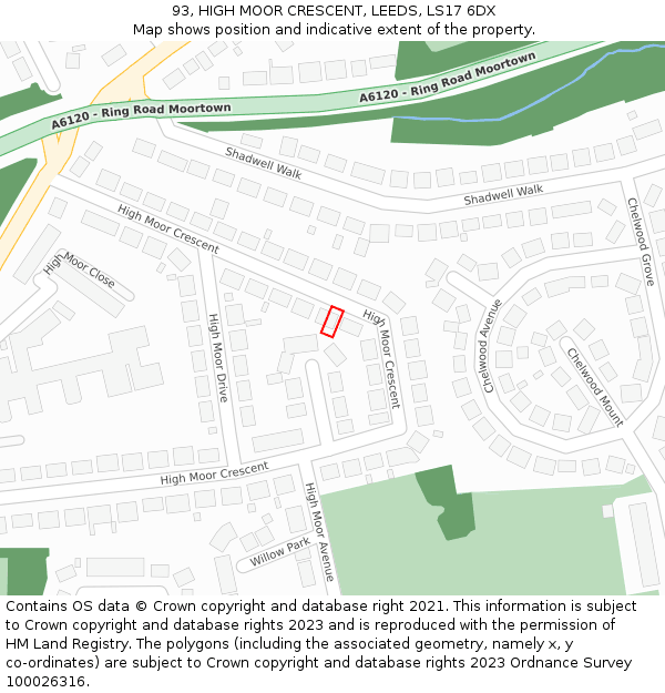 93, HIGH MOOR CRESCENT, LEEDS, LS17 6DX: Location map and indicative extent of plot