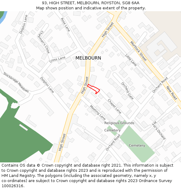 93, HIGH STREET, MELBOURN, ROYSTON, SG8 6AA: Location map and indicative extent of plot