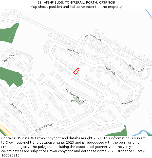 93, HIGHFIELDS, TONYREFAIL, PORTH, CF39 8GB: Location map and indicative extent of plot