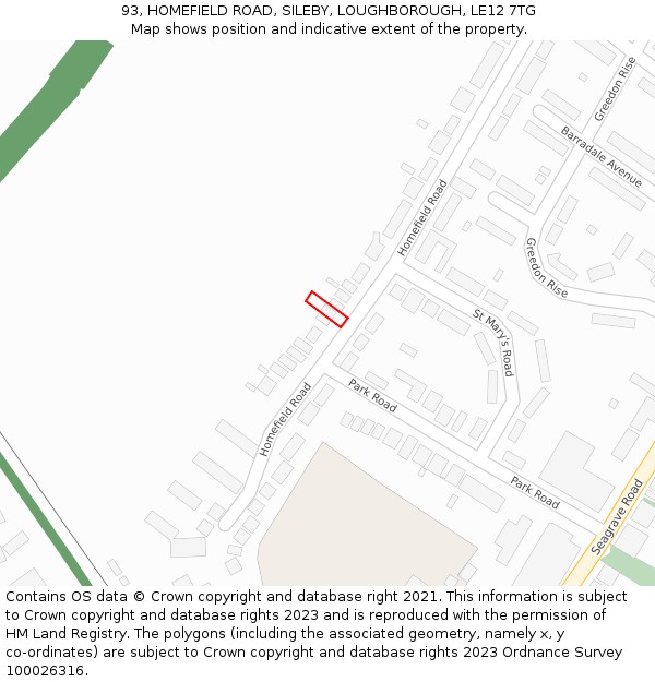 93, HOMEFIELD ROAD, SILEBY, LOUGHBOROUGH, LE12 7TG: Location map and indicative extent of plot