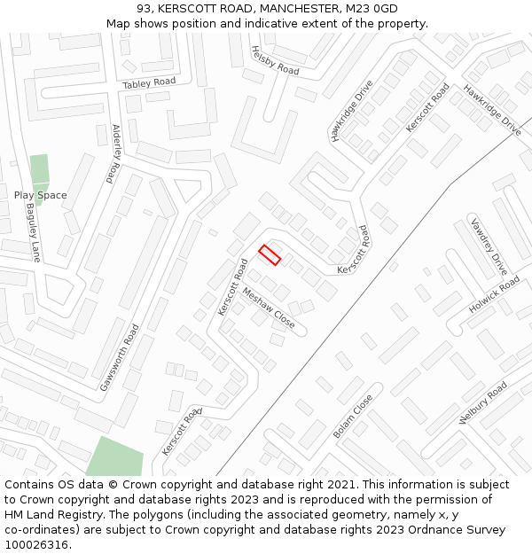 93, KERSCOTT ROAD, MANCHESTER, M23 0GD: Location map and indicative extent of plot