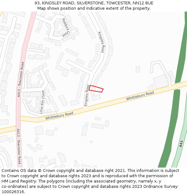 93, KINGSLEY ROAD, SILVERSTONE, TOWCESTER, NN12 8UE: Location map and indicative extent of plot