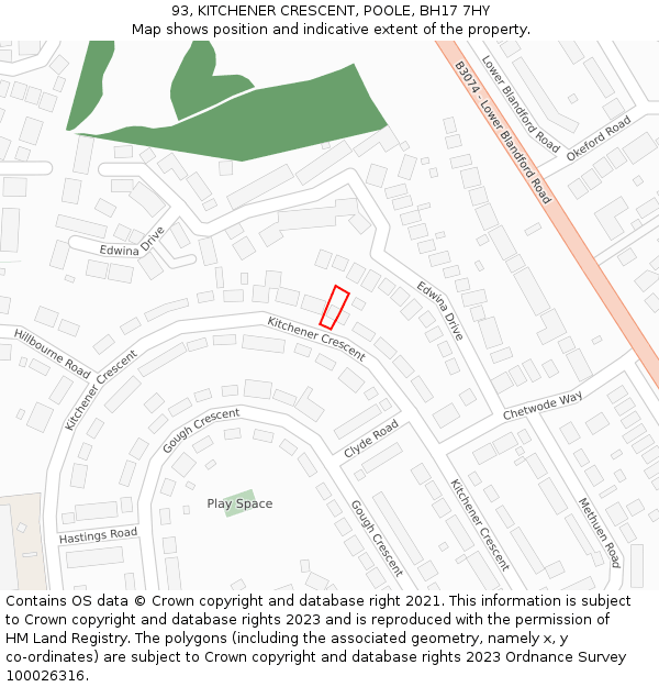 93, KITCHENER CRESCENT, POOLE, BH17 7HY: Location map and indicative extent of plot