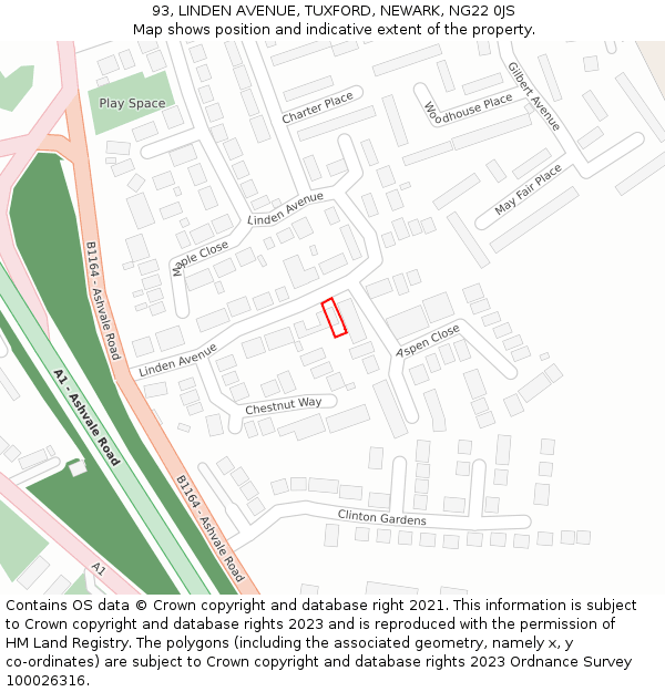 93, LINDEN AVENUE, TUXFORD, NEWARK, NG22 0JS: Location map and indicative extent of plot