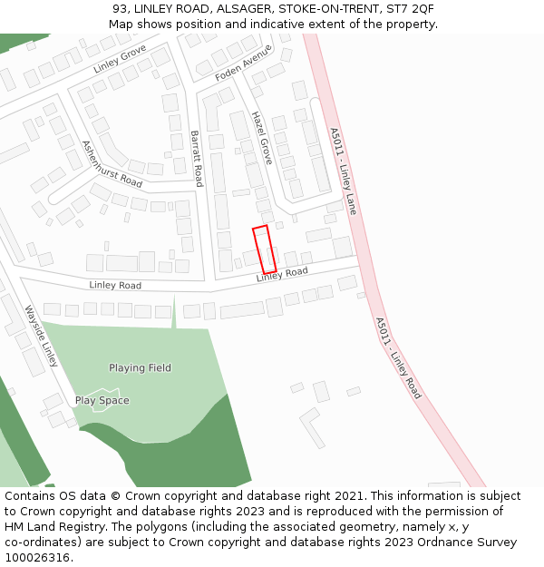 93, LINLEY ROAD, ALSAGER, STOKE-ON-TRENT, ST7 2QF: Location map and indicative extent of plot