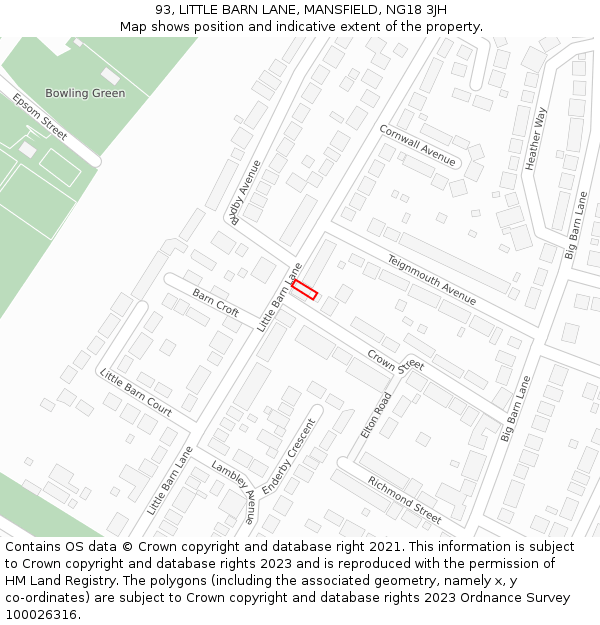 93, LITTLE BARN LANE, MANSFIELD, NG18 3JH: Location map and indicative extent of plot