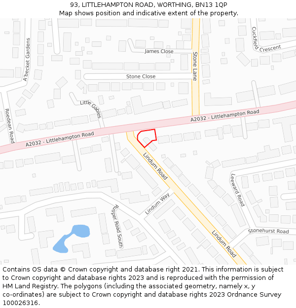 93, LITTLEHAMPTON ROAD, WORTHING, BN13 1QP: Location map and indicative extent of plot