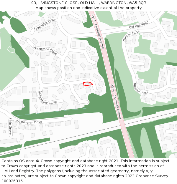 93, LIVINGSTONE CLOSE, OLD HALL, WARRINGTON, WA5 8QB: Location map and indicative extent of plot