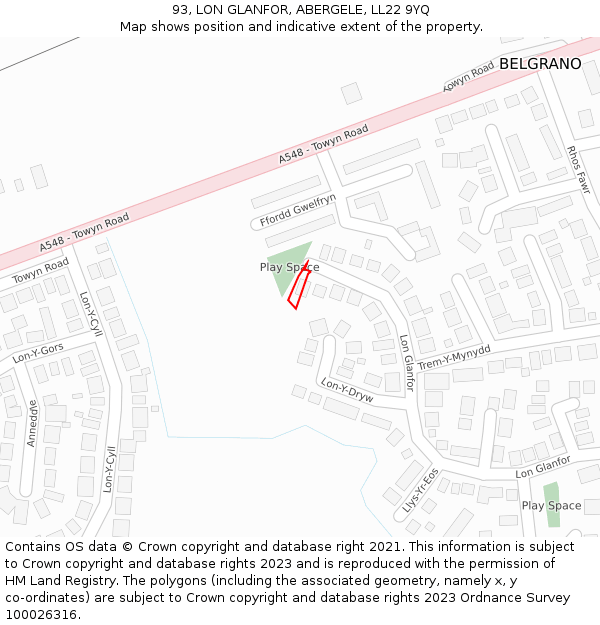 93, LON GLANFOR, ABERGELE, LL22 9YQ: Location map and indicative extent of plot
