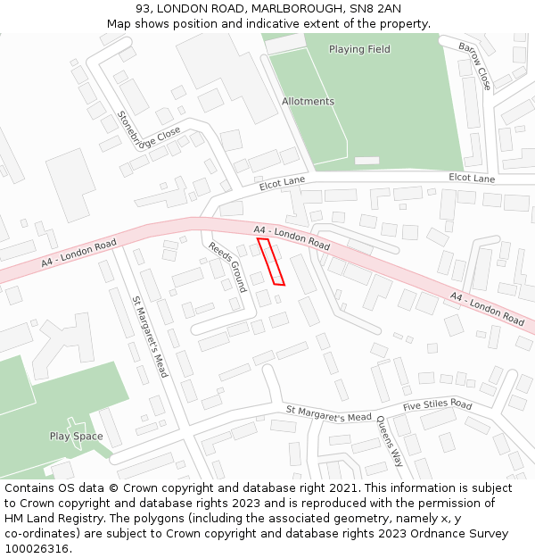 93, LONDON ROAD, MARLBOROUGH, SN8 2AN: Location map and indicative extent of plot