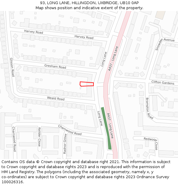 93, LONG LANE, HILLINGDON, UXBRIDGE, UB10 0AP: Location map and indicative extent of plot