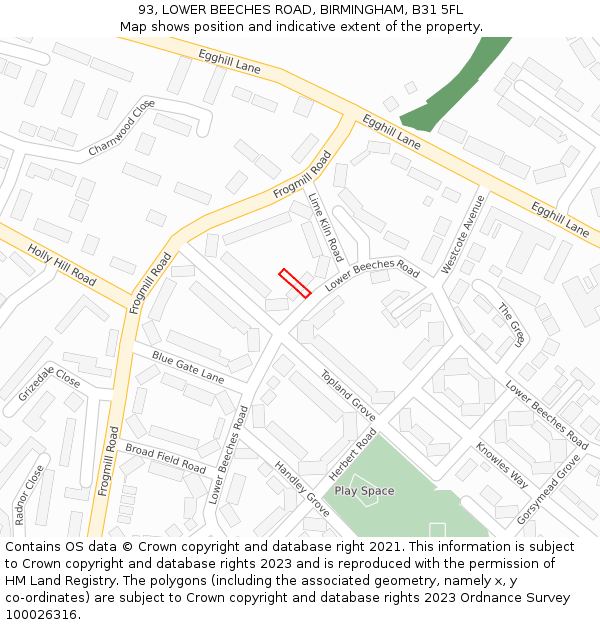 93, LOWER BEECHES ROAD, BIRMINGHAM, B31 5FL: Location map and indicative extent of plot