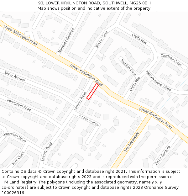 93, LOWER KIRKLINGTON ROAD, SOUTHWELL, NG25 0BH: Location map and indicative extent of plot