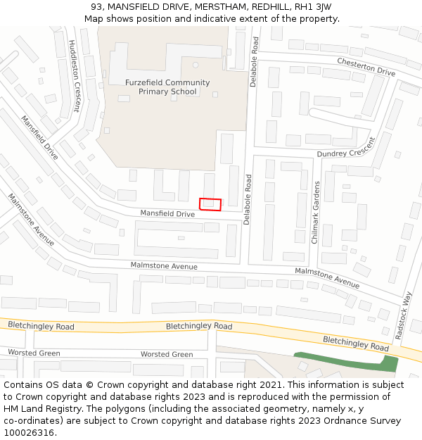 93, MANSFIELD DRIVE, MERSTHAM, REDHILL, RH1 3JW: Location map and indicative extent of plot