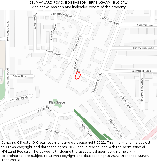 93, MAYNARD ROAD, EDGBASTON, BIRMINGHAM, B16 0PW: Location map and indicative extent of plot