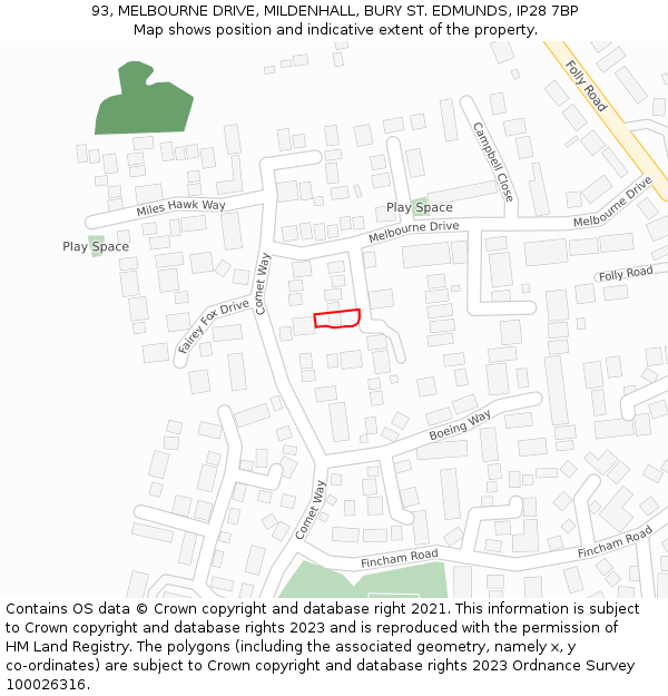 93, MELBOURNE DRIVE, MILDENHALL, BURY ST. EDMUNDS, IP28 7BP: Location map and indicative extent of plot