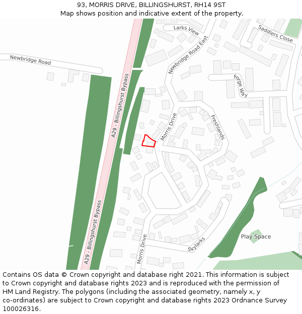 93, MORRIS DRIVE, BILLINGSHURST, RH14 9ST: Location map and indicative extent of plot