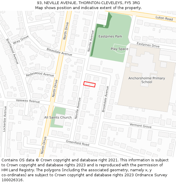 93, NEVILLE AVENUE, THORNTON-CLEVELEYS, FY5 3RG: Location map and indicative extent of plot