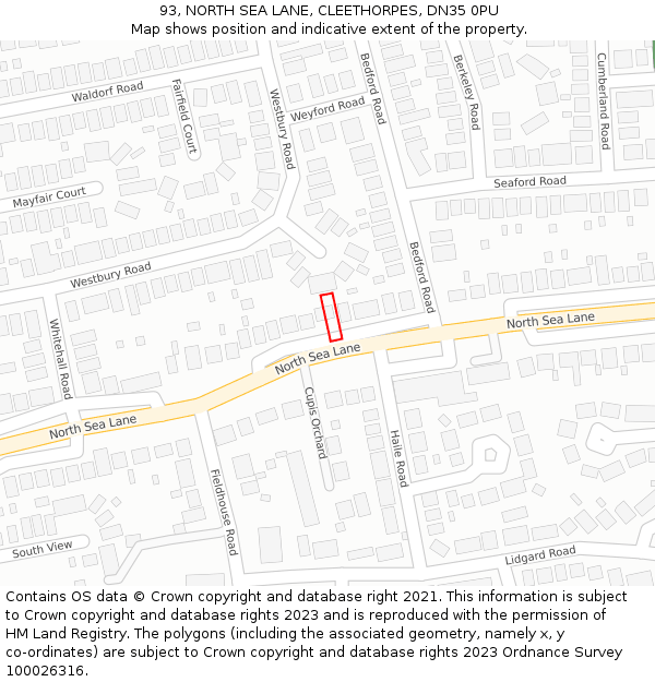 93, NORTH SEA LANE, CLEETHORPES, DN35 0PU: Location map and indicative extent of plot