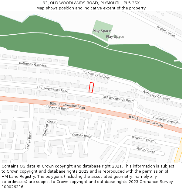 93, OLD WOODLANDS ROAD, PLYMOUTH, PL5 3SX: Location map and indicative extent of plot